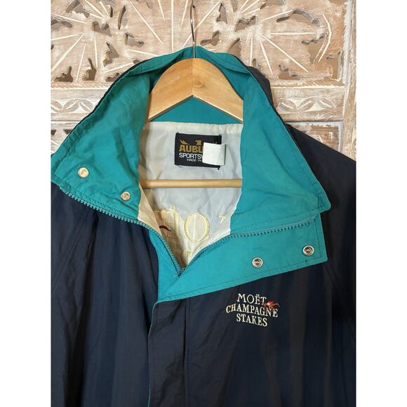 Vintage Blue & Teal Moet Champagne Stakes Nylon Jacket Auburn Sportswear USA XL - Picture 3 of 8